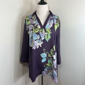 CHICO'S Sz 1 Purple Window Pane Floral Tunic Top Split Neck Collared